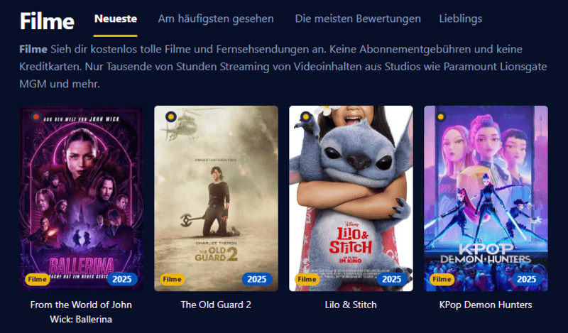 Screenshot der Filmpalast-Benutzeroberflaeche die verschiedene Filmtitel und Serienepisoden anzeigt.